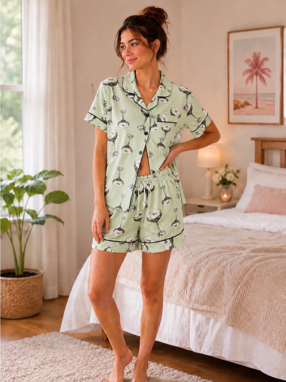 Women's Mint Green Short Pajama Set - Martini 🍸 Printed Button-Up Top & Shorts